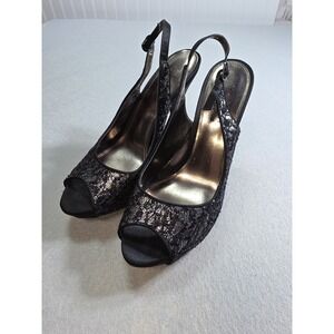 Nina Black/Silver Metallic Peep Toe Slingback Stiletto Heels Size 10M